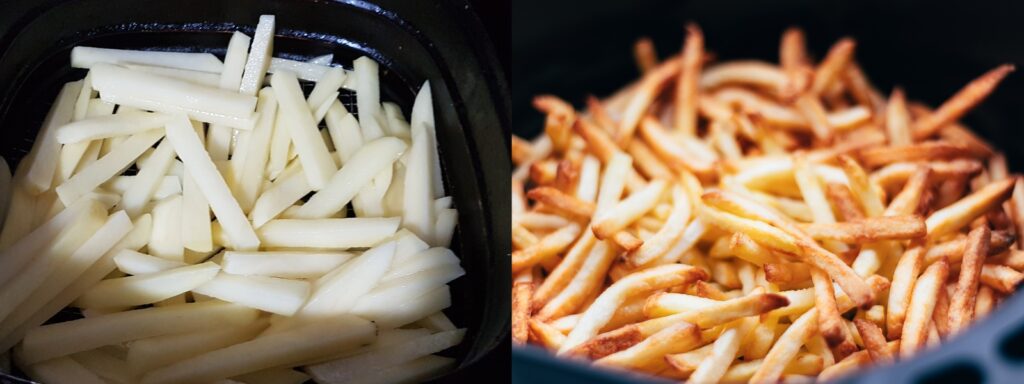 Bilde av potet frites før og etter.