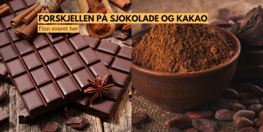 Bilde av sjokolade og kakao, med en tekst som sier: Forskjellen på sjokolade og kakao