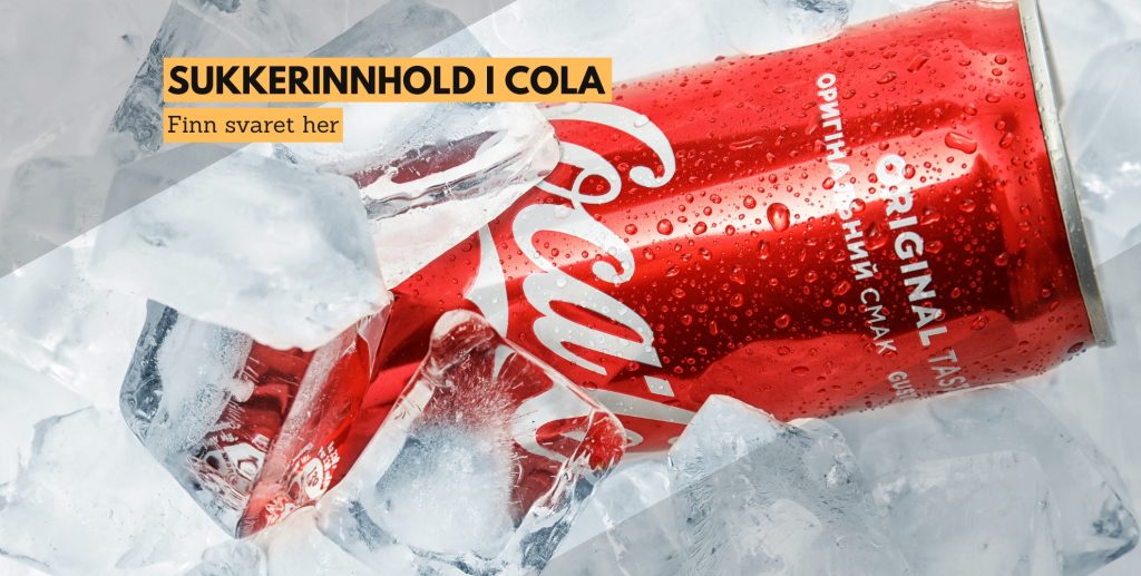 Bilde av en Coca Cola, med tekst: Sukkerinnhold til cola, finn svaret her