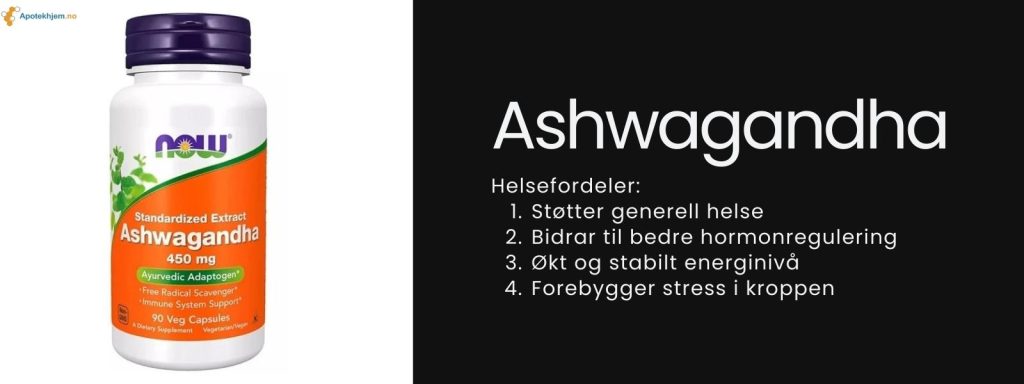 Bilde av ashwagandha fra apotekhjem.no, med tekst som forklarer fordelene til Ashwagandha