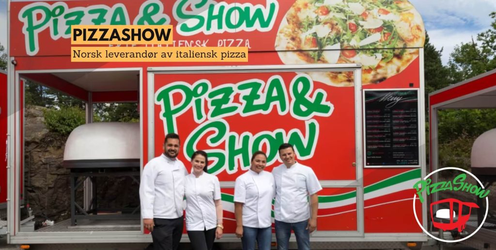 Bilde av pizzashow med deres ansatte, med tekst: Pizzashow, leverandør av italiensk pizza