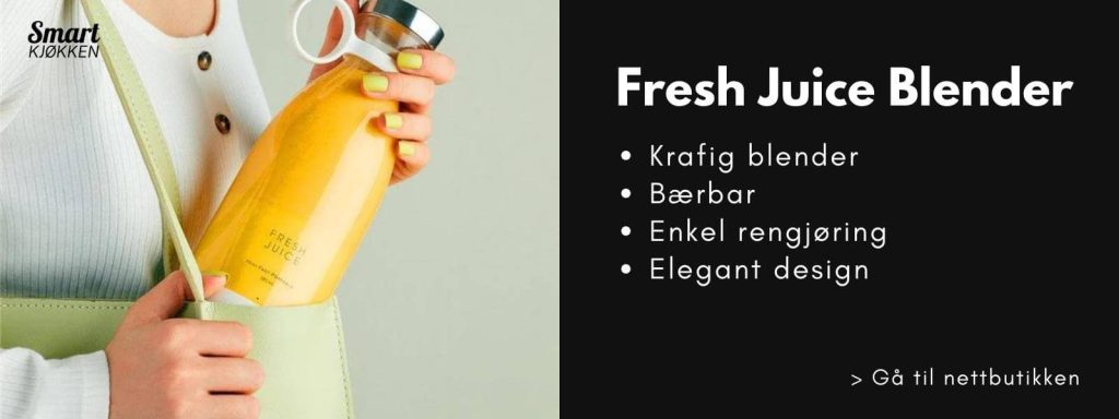Fresh juice blender fra smartkjøkken, bilde av en dame som holder en fresh juice blender, logo av smartkjøkken og tekst