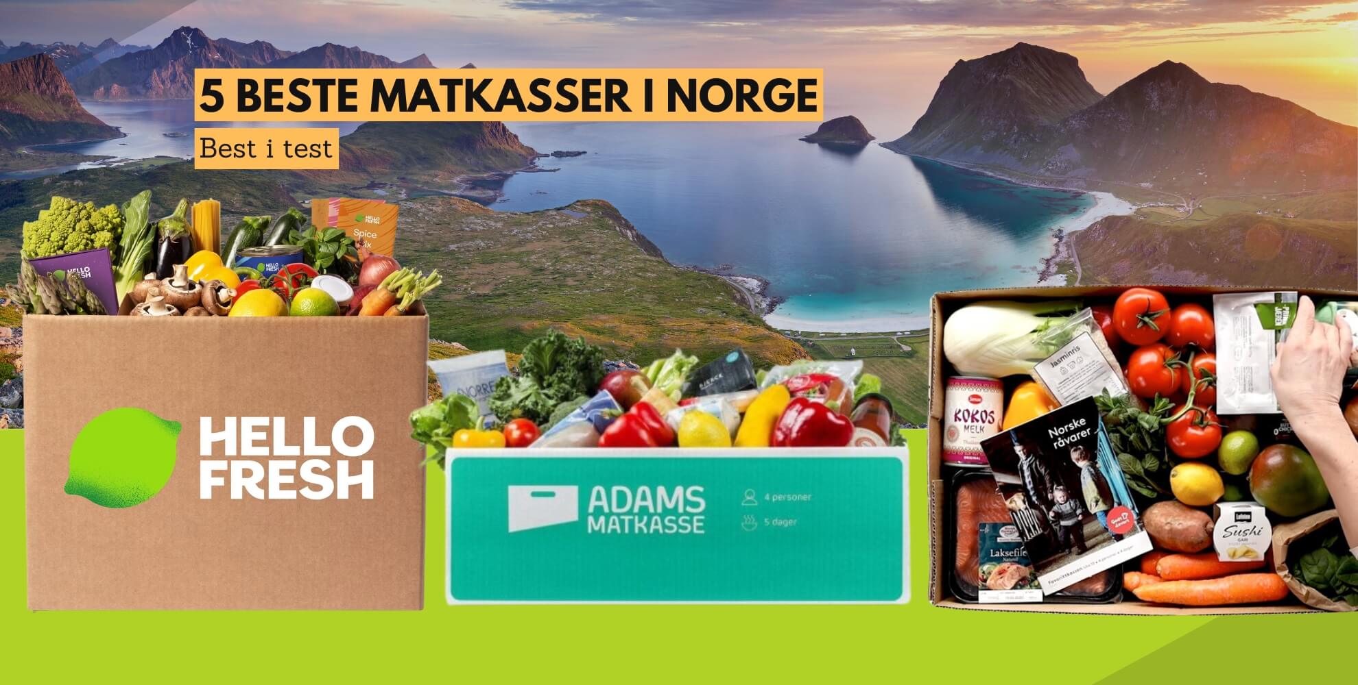 Bilde av matkasse fra hellofresh, adams matkasse og godtlevert, med tekst: 5 beste matkasser i norge, best i test