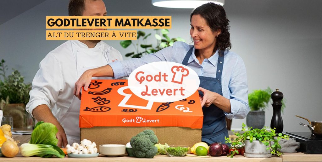 Bilde av logoen til godtlevert, deres matkasse og to personer som lager mat, med tekst: Godtlevert matkasse, alt du trenger å vite