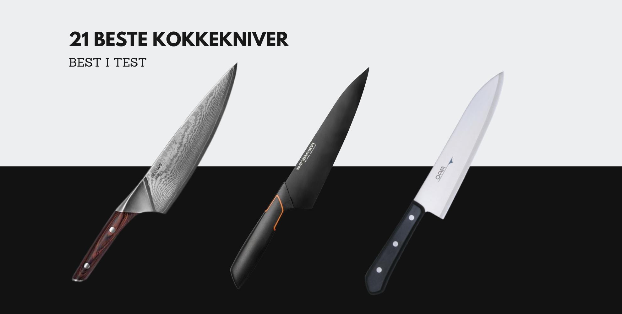 Bilde av 3 kokkekniver og tekst som sier: 21 beste kokkekniver, best i test
