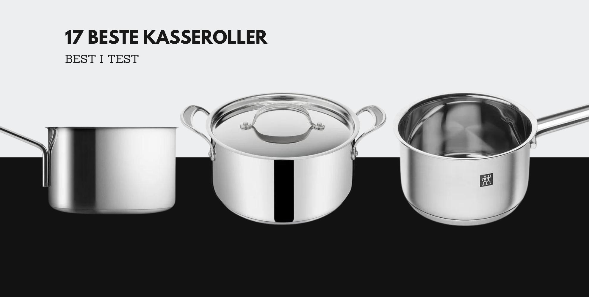 Bilde av tre knallgode kasseroller og tekst: 17 beste kasseroller, best i test