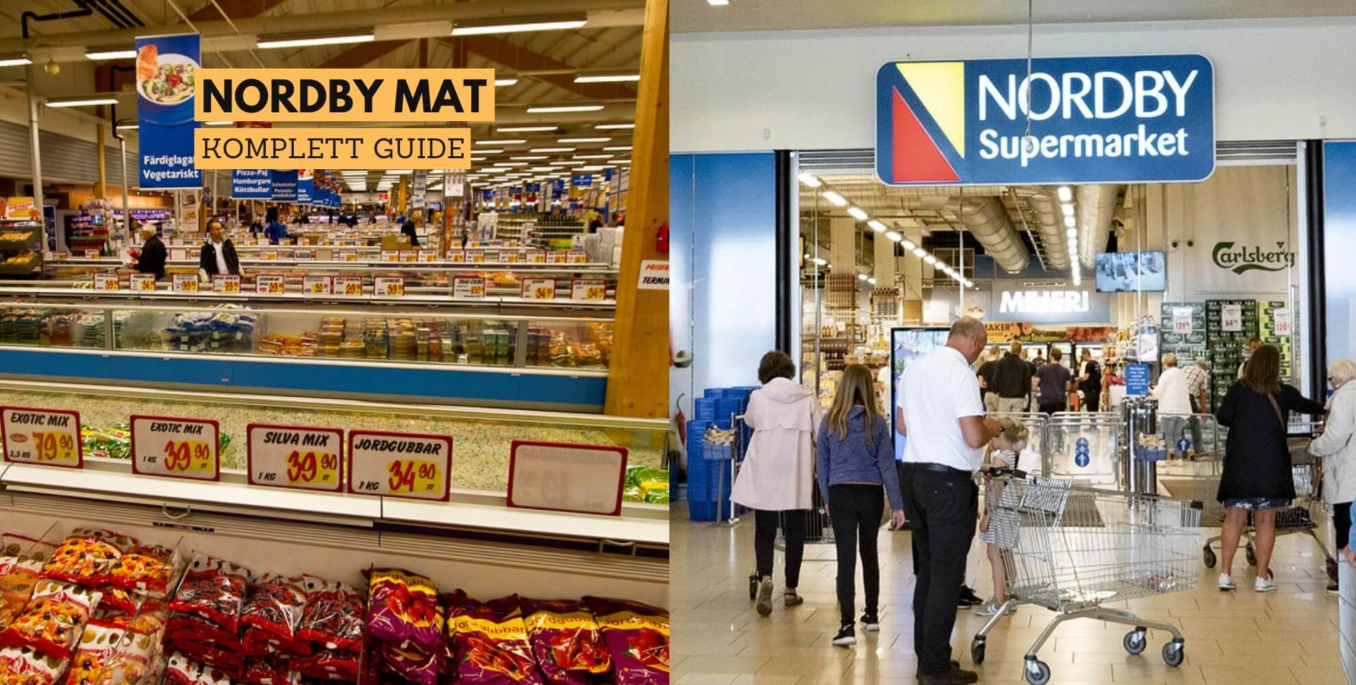 Bilde av Nordby kjøpesenter og matdisken deres, med tekst: nordby mat, komplett guide.