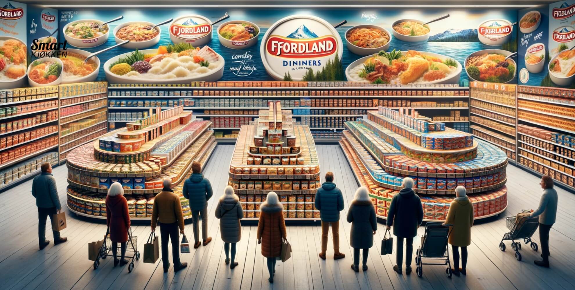 Bilde av personer som handler Fjordland middag på butikken.