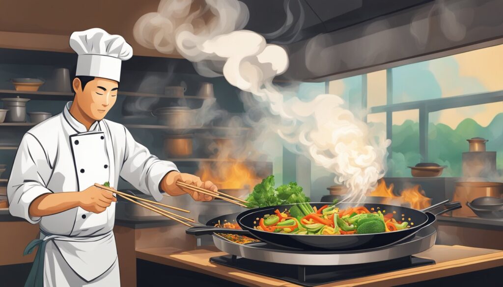 Bilde av en kokk på en asiatisk restaurant som tilbereder en bestilling. 