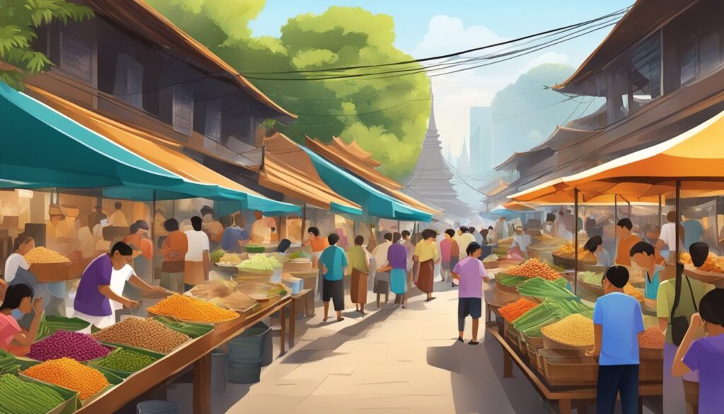 Bilde illustrerer historien bak thai mat og marked som solgte mat før i tiden.
