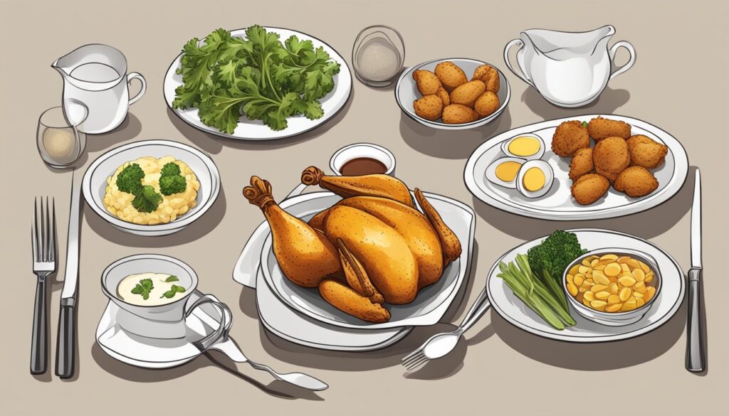 Bilde som kylling og tilbehør som blir servert under familiemiddag.