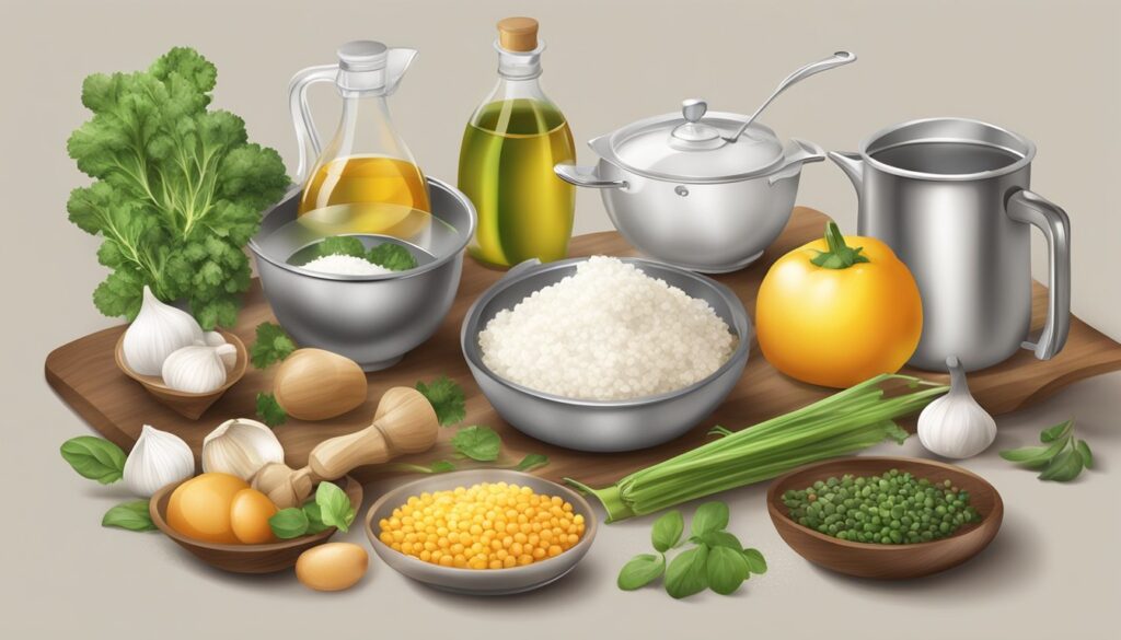 Bilde av en rekke matvarer - ris, mais, erter, hvitløk, paprika og oljer.