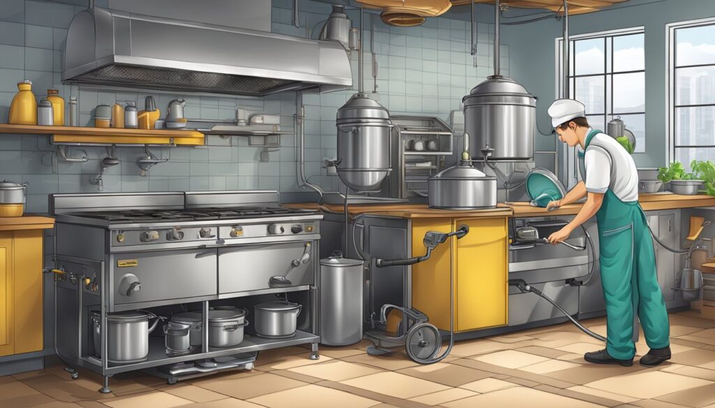 Bilde som illustrerer kjøkkenet til en restaurant som har profesjonelt utstyr for matlaging med damp.
