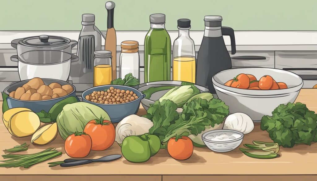 Bilde av grønnsaker, salt, pepper og sauser.
