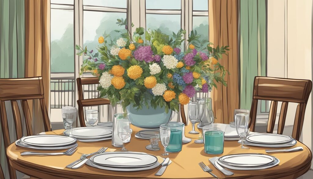 Bilde av et pent dekket bord med blomster.