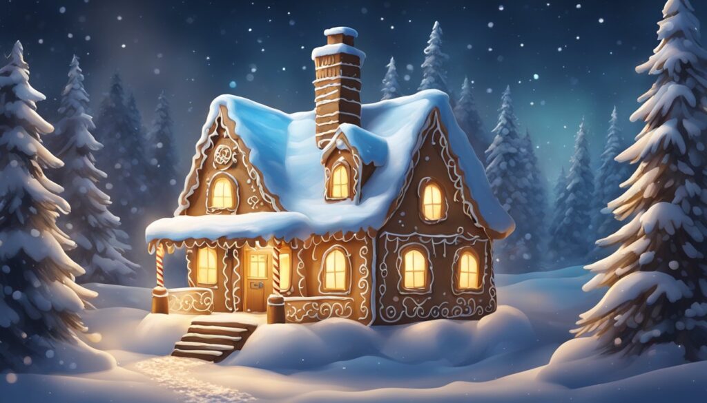 Bilde som illustrerer et pepperkakehus i skogen, lysene står på inne og familien som bor der er klar for jul.