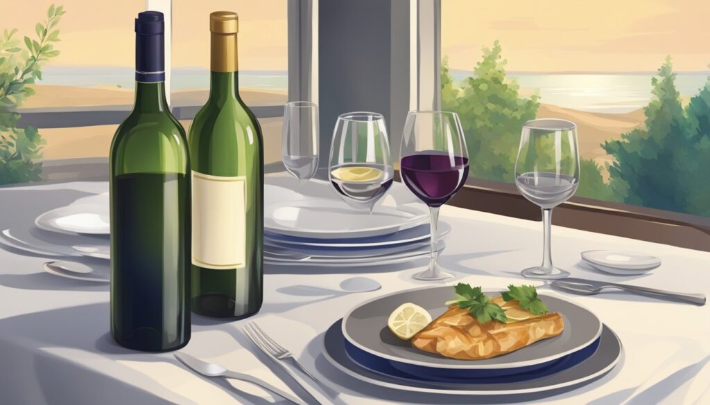 Bilde av stekt torsk og vin servert på restaurant.