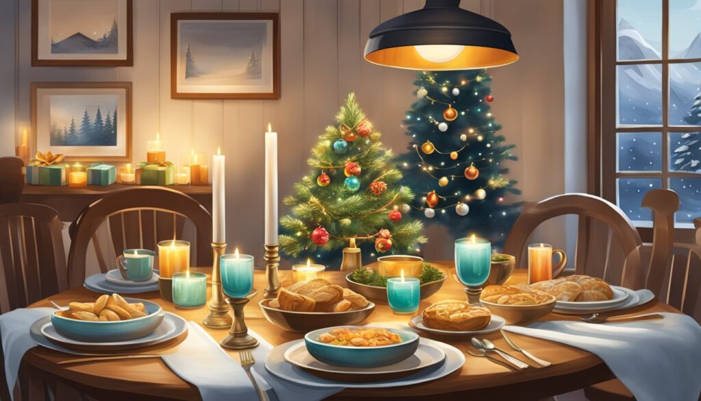 Bilde av et koselig middagsbord fylt med julemat.