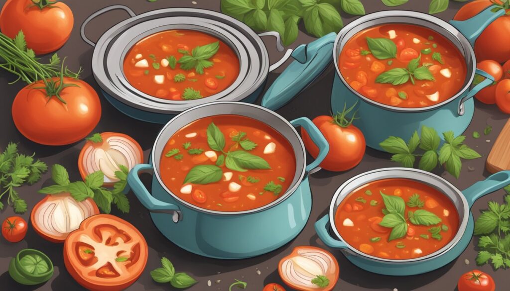 Bilde av fire tomatsupper, klare til servering.