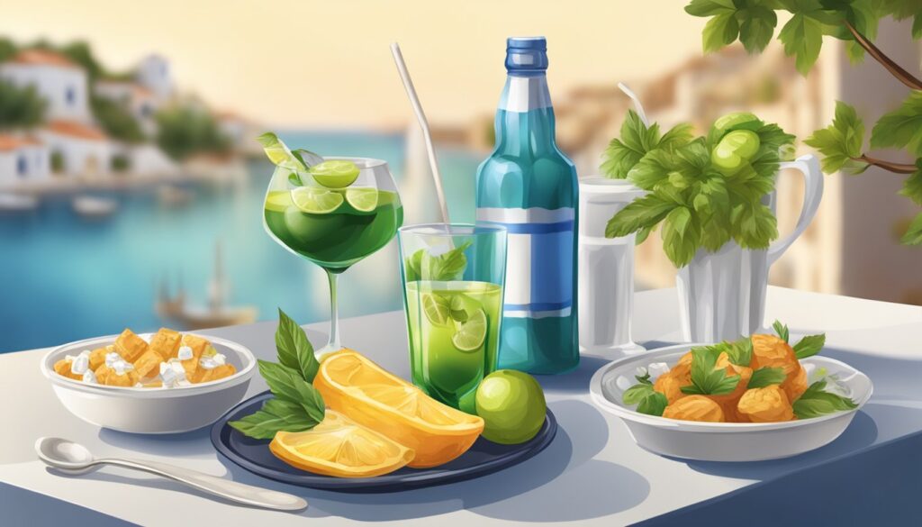 Bilde av greske drikkevarer, sitron og en forrett. 