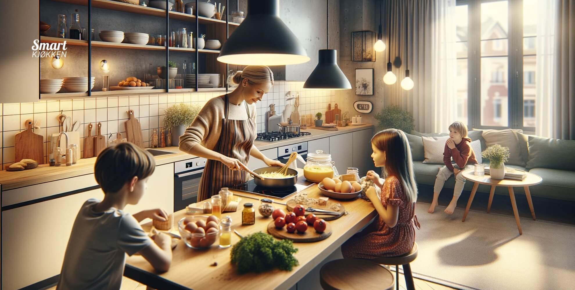 Bilde av mor som lager middag for barn.