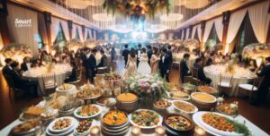 Bilde fra bryllup, der det blir servert middag til mange mennesker.