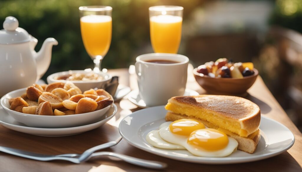 Bilde av brød, egg, kaffe og appelsinjuice. 
